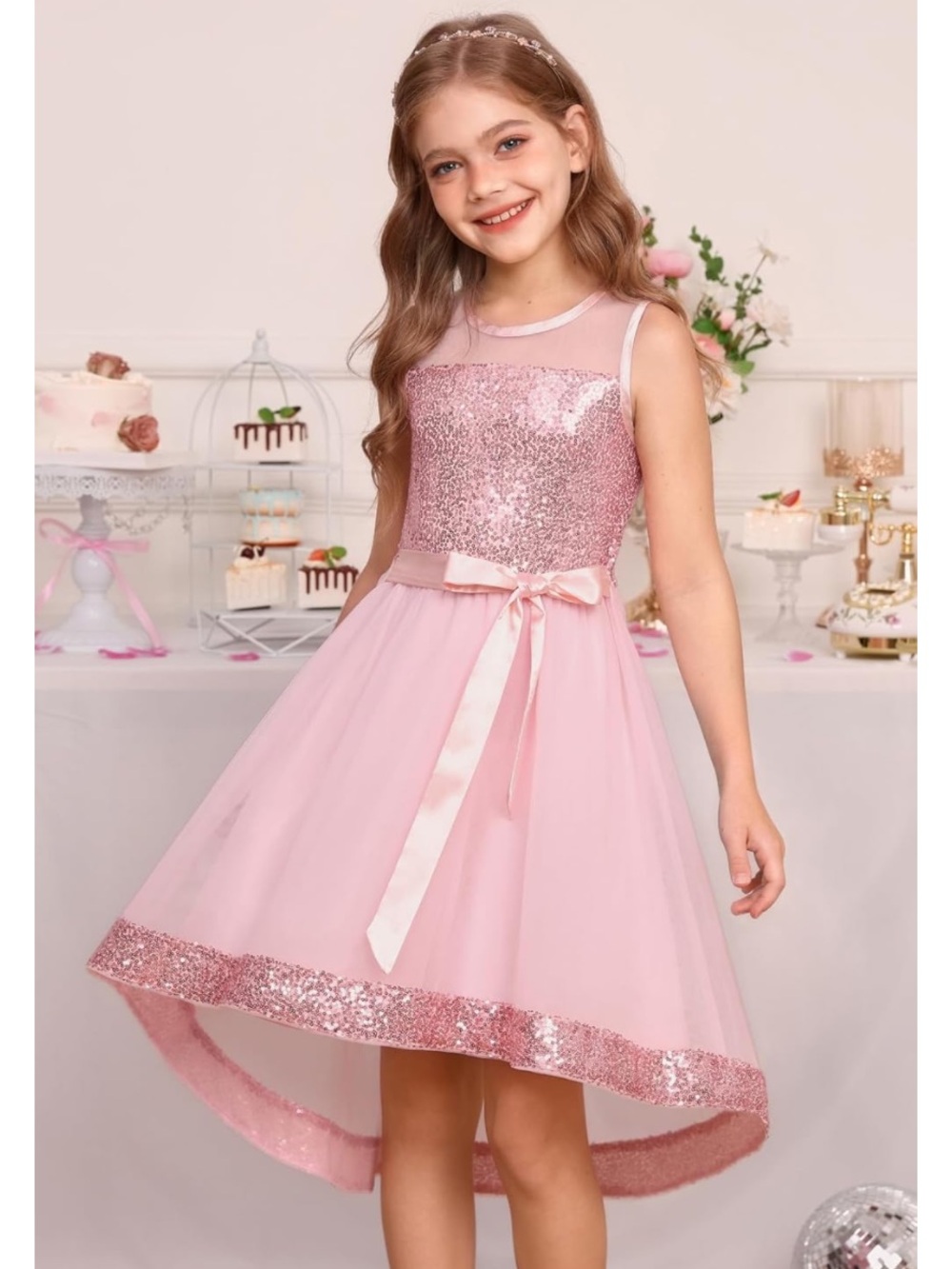 Girls Pink Sequin High-Low Party Dress with Bow